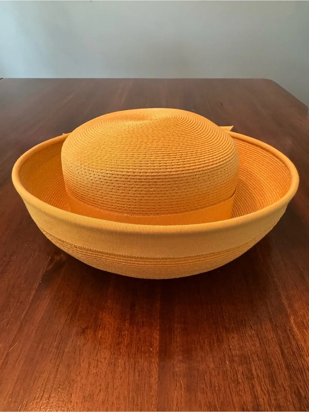 Vintage 1960s Marigold Yellow Woven Straw Breton Hat Oversized Bow